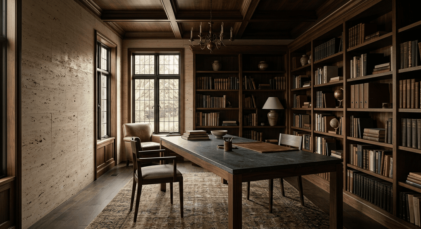 Quiet travertine library with a long stone table